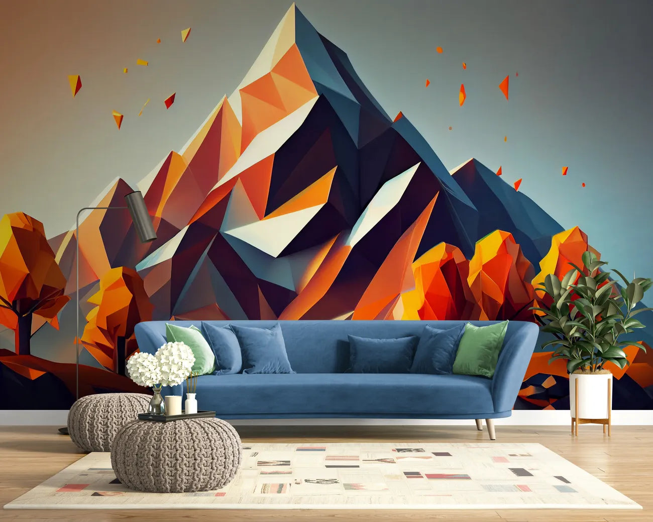 Papier peint géométrique montagne et forêt d'automne