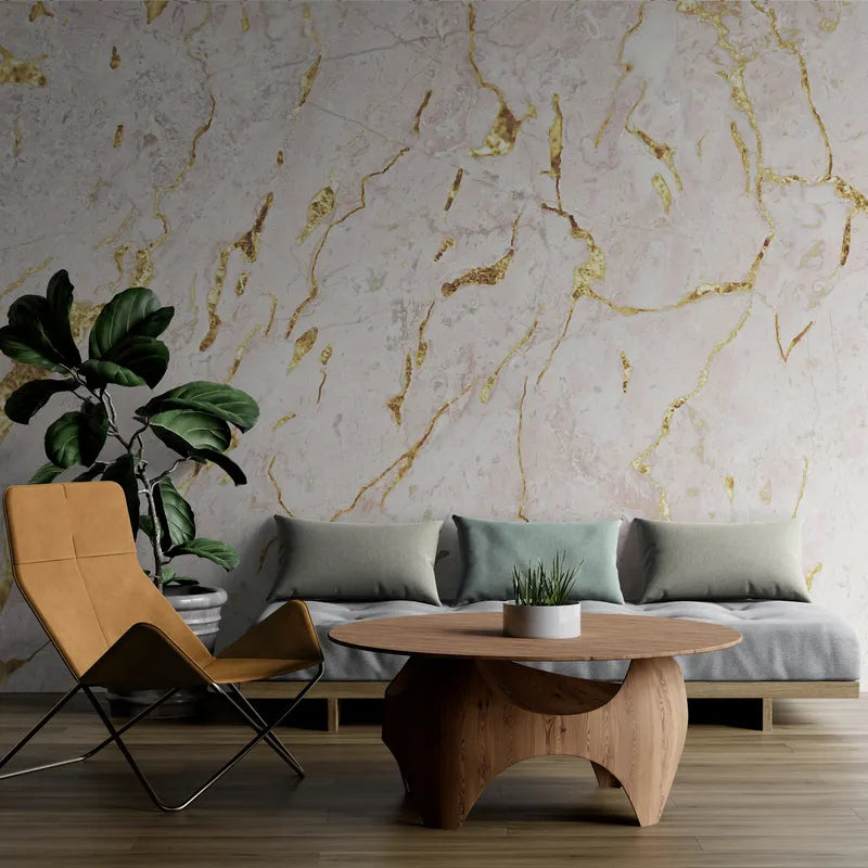 Papier peint marbre beige et doré