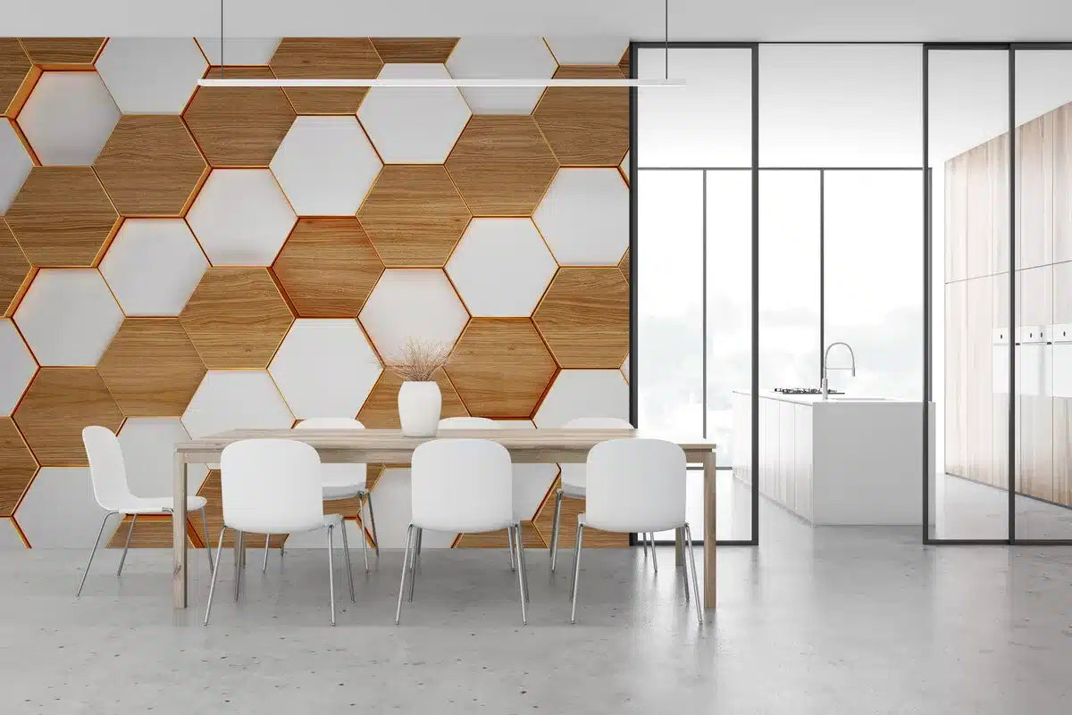 Papier peint hexagone en bois et blanc