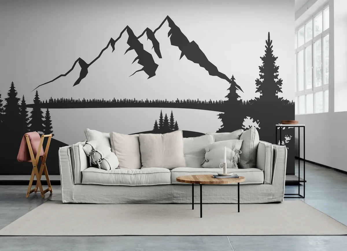 Papier peint dessin noir et blanc montagne