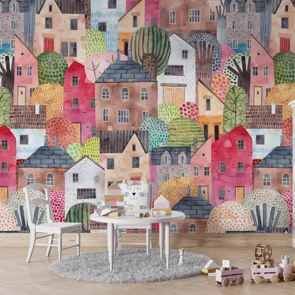 Papier peint enfant village colorée