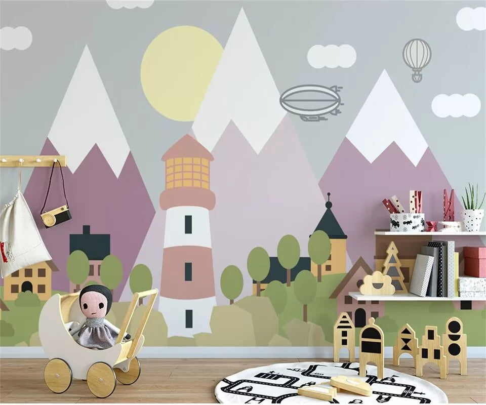 Papier peint enfant village et montagnes roses