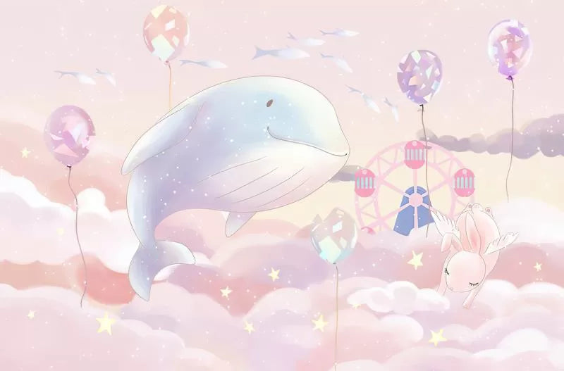 Papier peint enfant fantasy baleine et lapin dans les nuages
