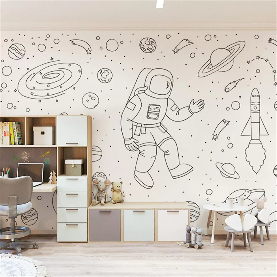 Papier peint enfant noir et blanc astronaute