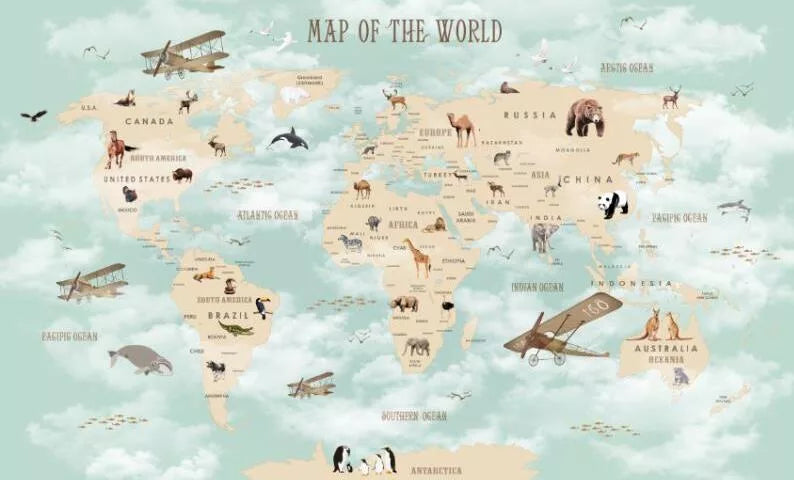 Papier peint enfant carte du monde des animaux