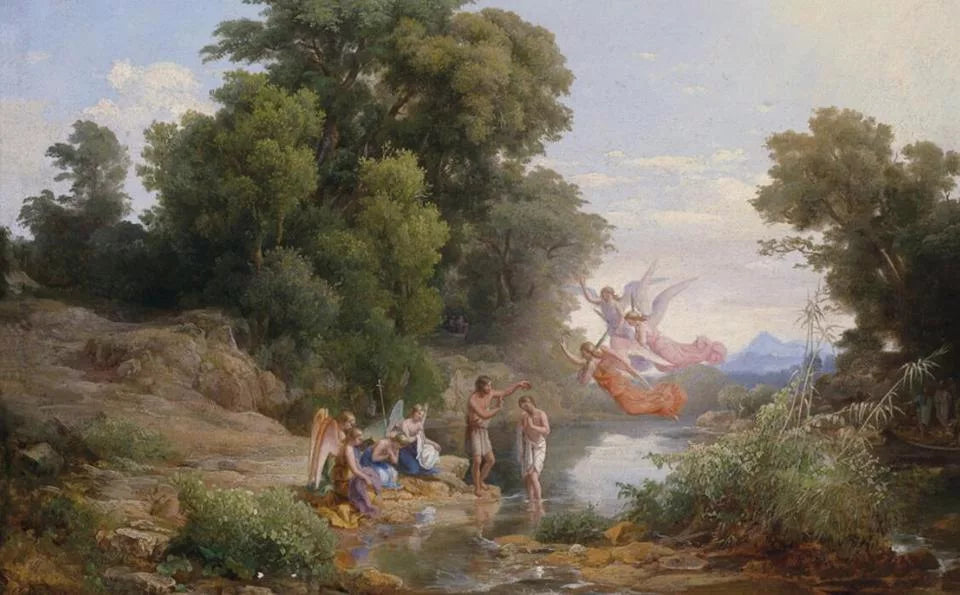 Papier peint paysage moyen-âge anges et humains