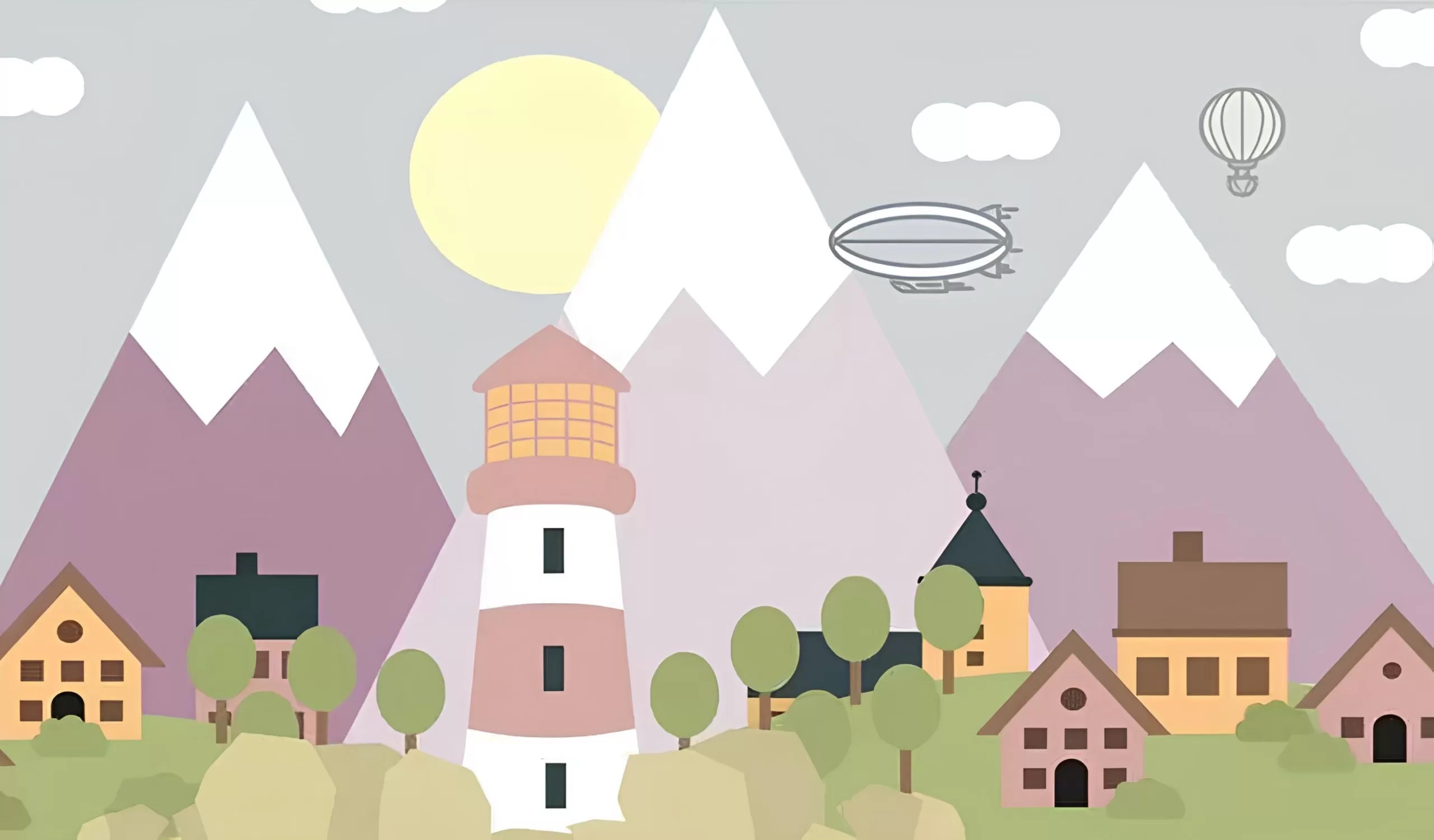 Papier peint enfant village et montagnes roses