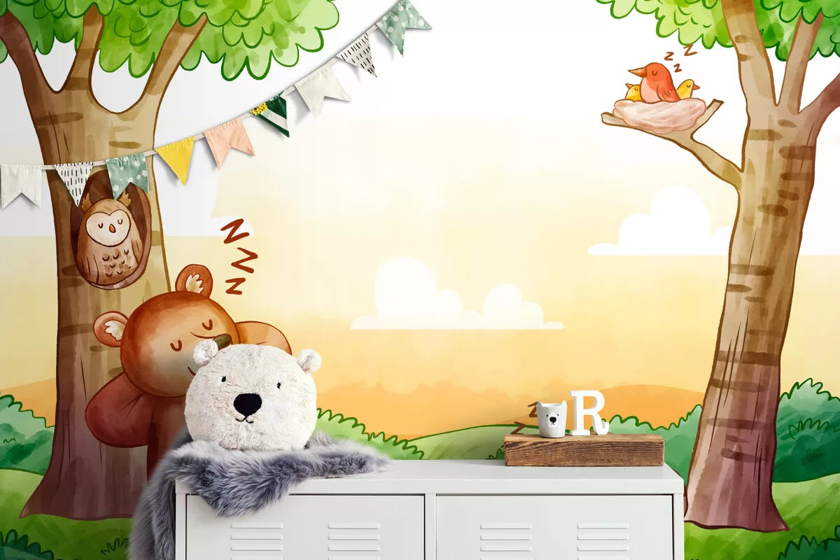 Papier peint enfant ours dans les bois