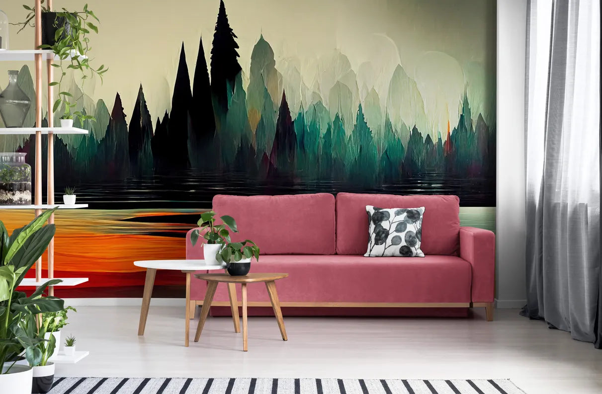 Papier peint abstrait forêt et lac