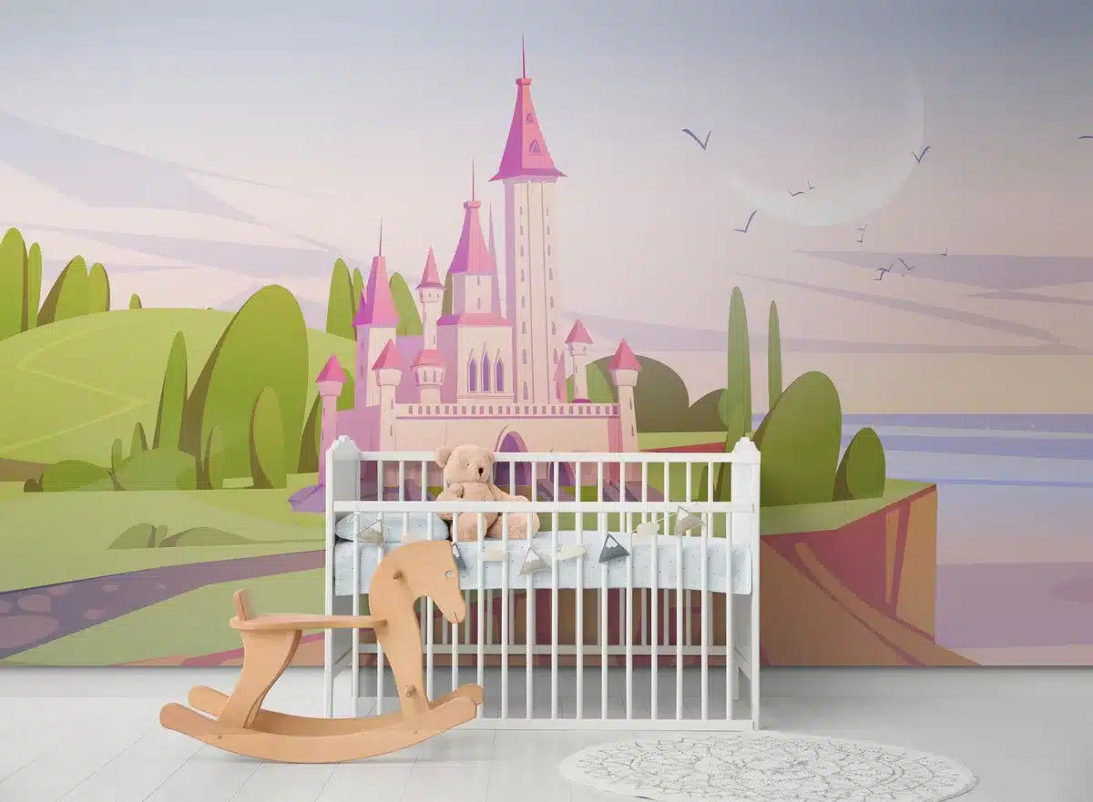 Papier peint enfant nordique château rose