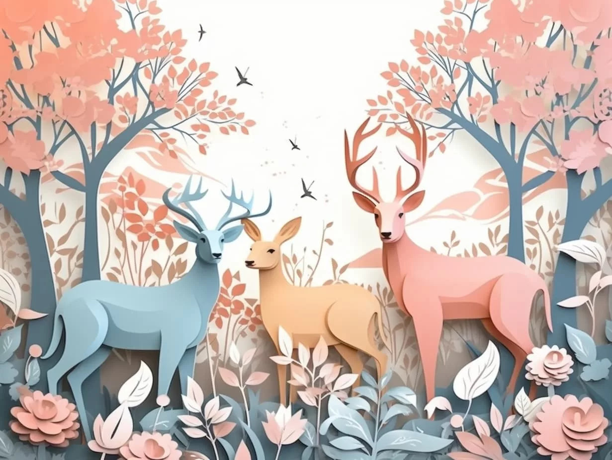 Papier peint enfant floral biche et cerf
