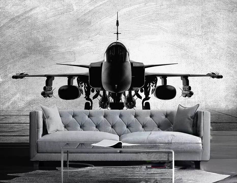 Papier peint avion de chasse noir et blanc