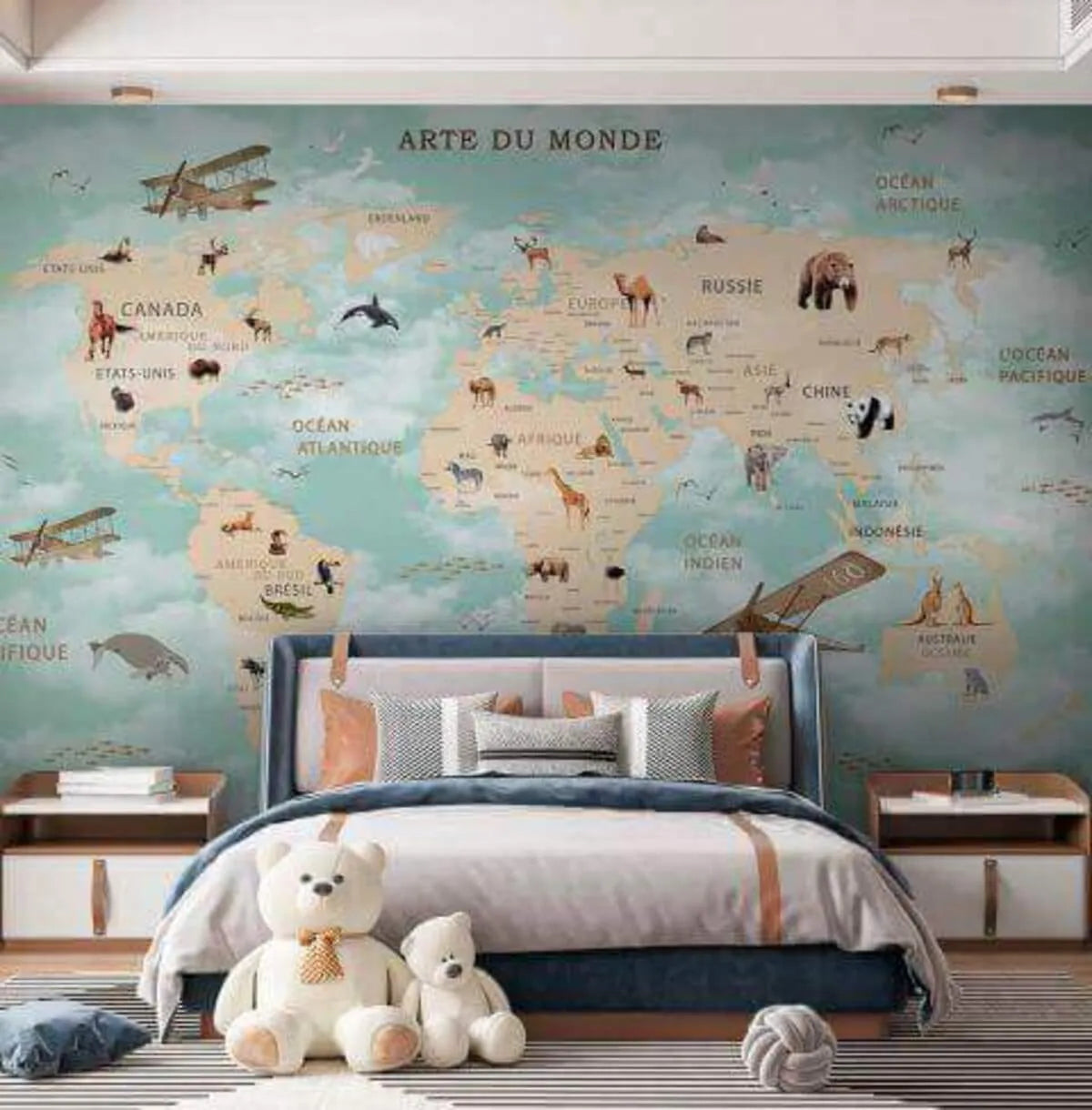 Papier peint enfant carte du monde des animaux