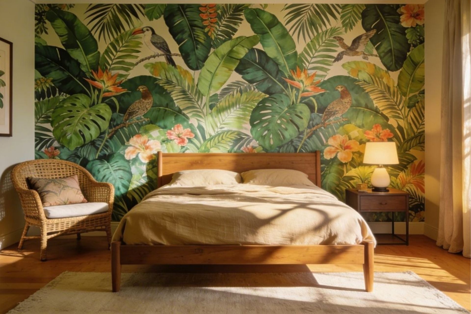 Chambre adulte avec papier peint tête de lit panoramique derrière le lit