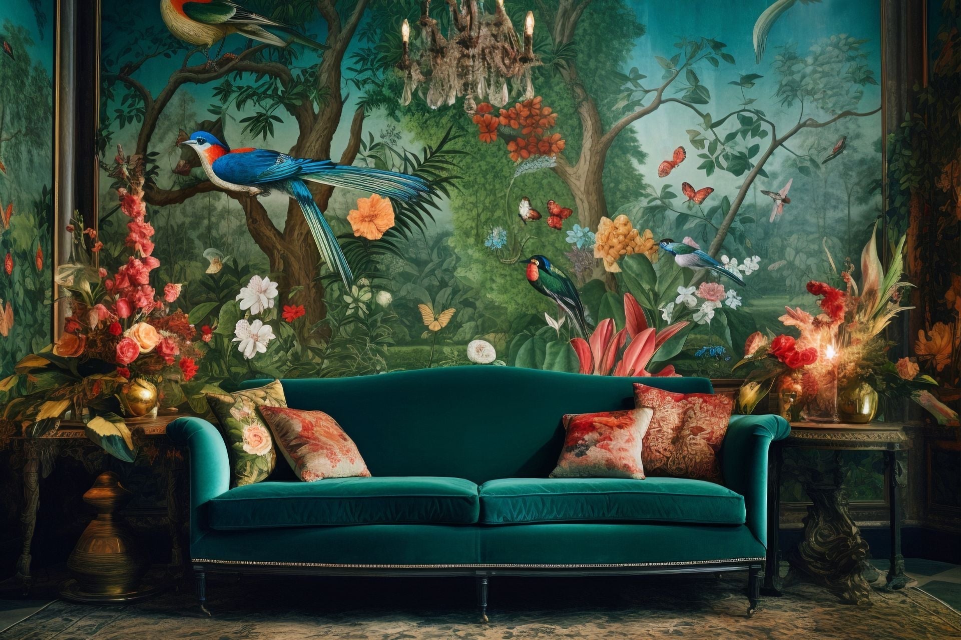 Salon avec papier peint jungle aux feuillages tropicaux verts sur mur d'accent