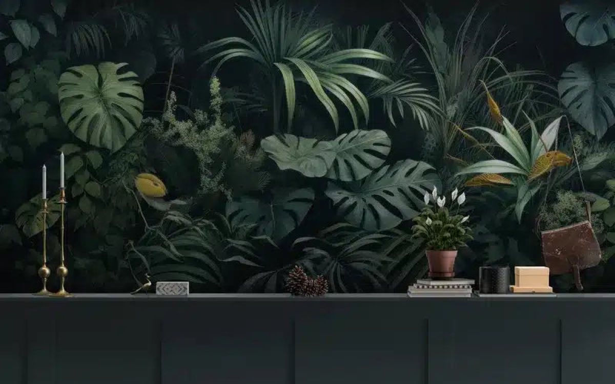 Banc et plantes tropicales avec papier peint repositionnable