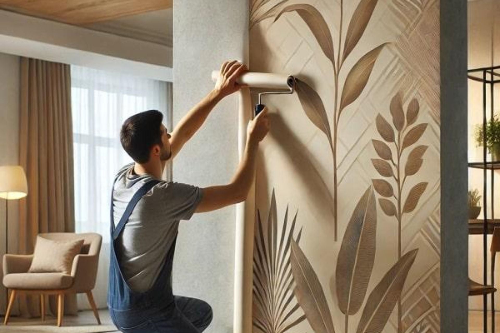 pose de papier peint en cours sur un mur intérieur avec outils de rénovation
