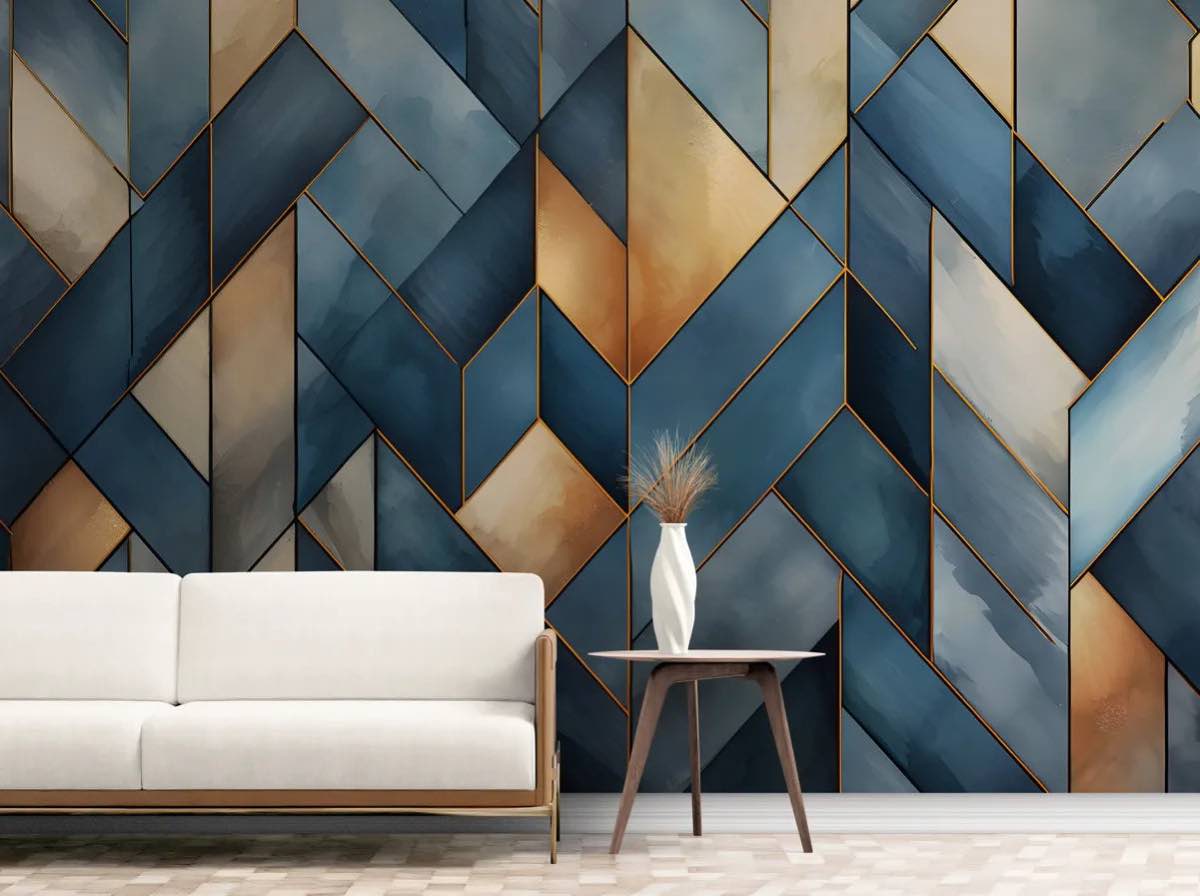 Salon nordique avec papier peint geometrique bleu et dore associe a des murs clairs