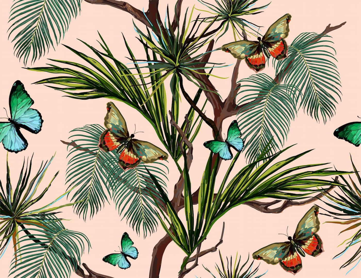 Papier peint feuillage tropical abstrait et papillons