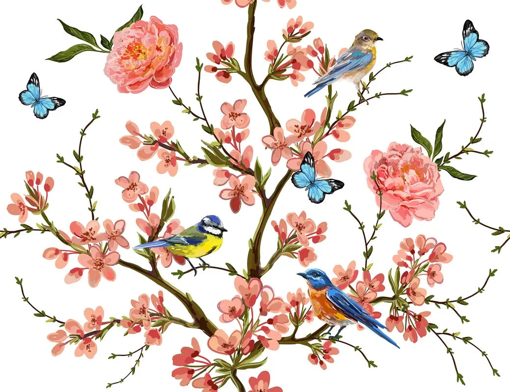 Papier peint vintage floral et oiseaux