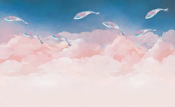 Papier peint poissons volants et nuages roses