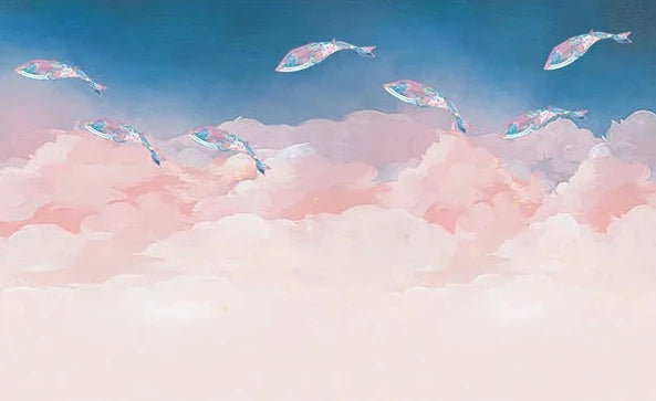 Papier‎ peint‎ poissons‎ volants‎ et‎ nuages‎ roses