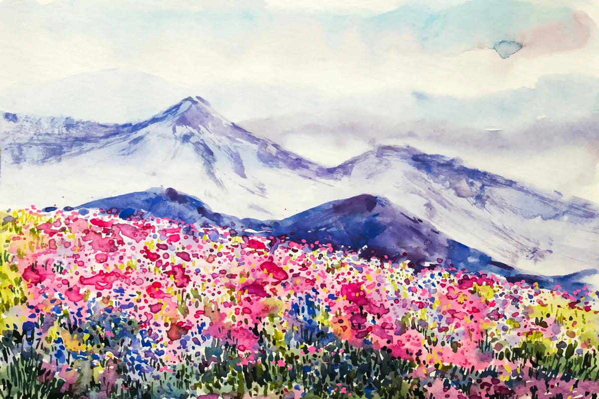 Papier peint panoramique montagne et fleurs