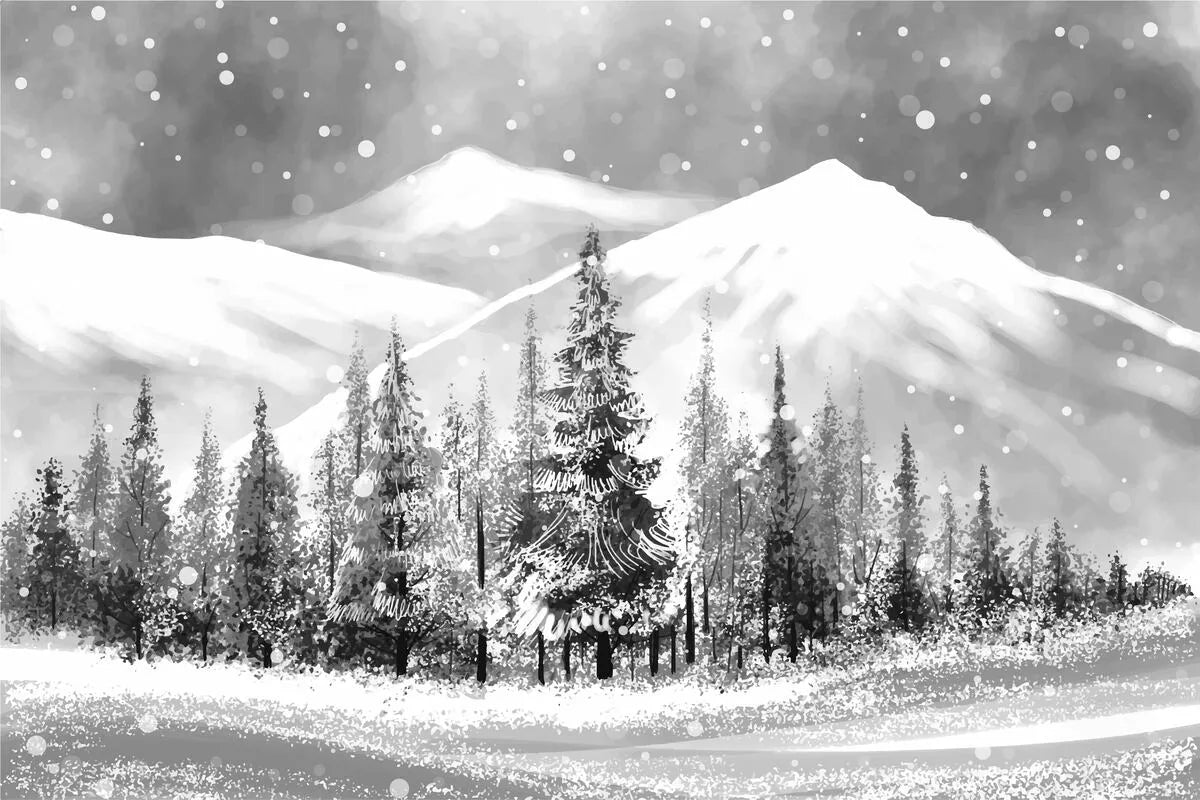 Papier peint noir et blanc forêt enneigée