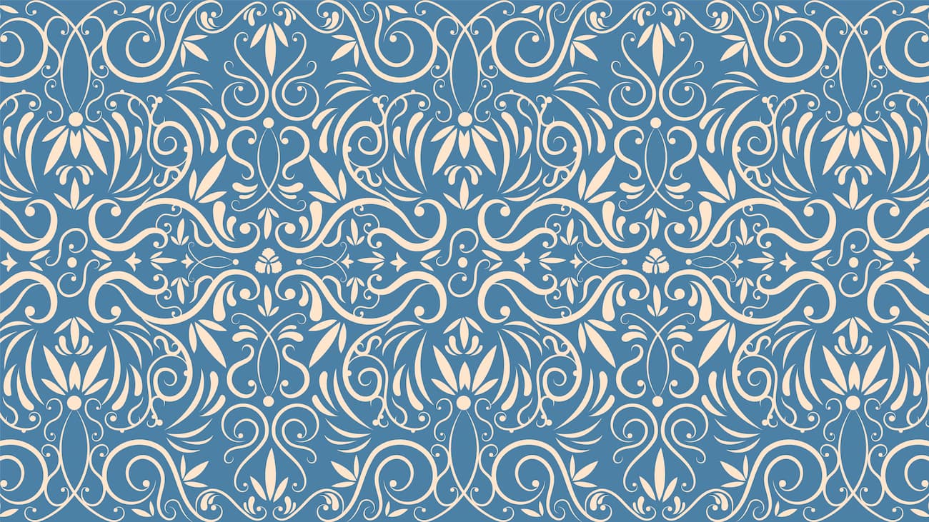 Papier peint baroque motif treillis bleu et blanc