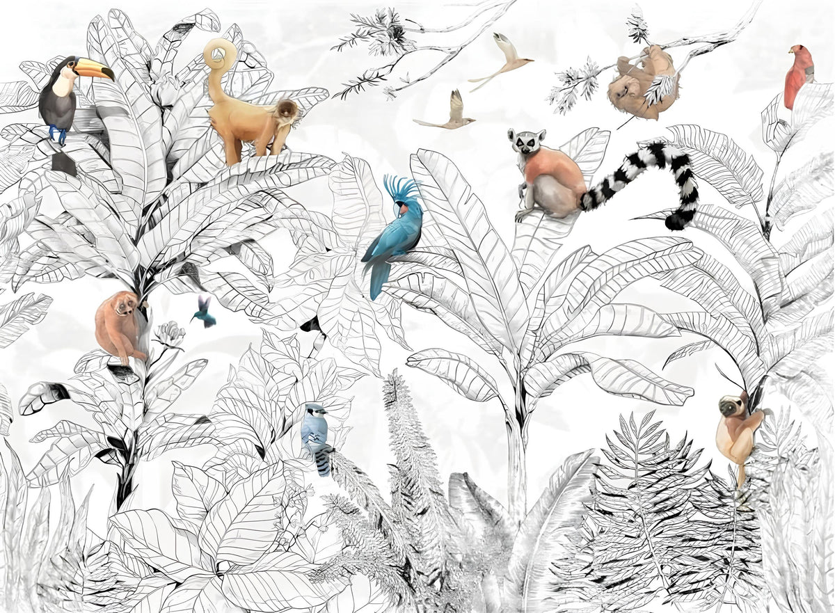 Papier‎ peint‎ noir‎ et‎ blanc‎ forêt‎ tropicale‎ et‎ animaux‎ colorés