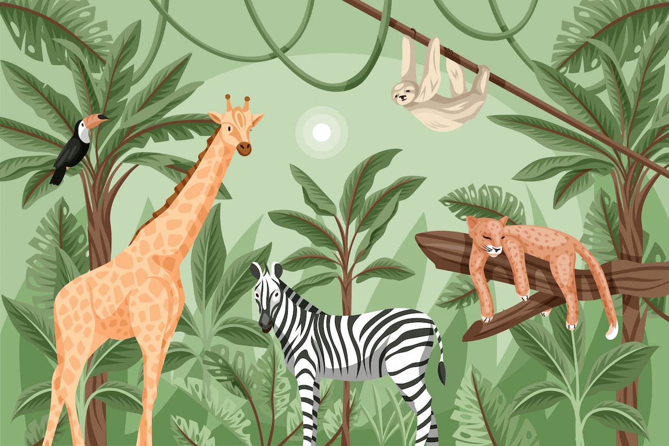 Papier‎ peint‎ ‎ jungle‎ tropicale‎ léopard,‎ zèbre‎ et‎ girafe