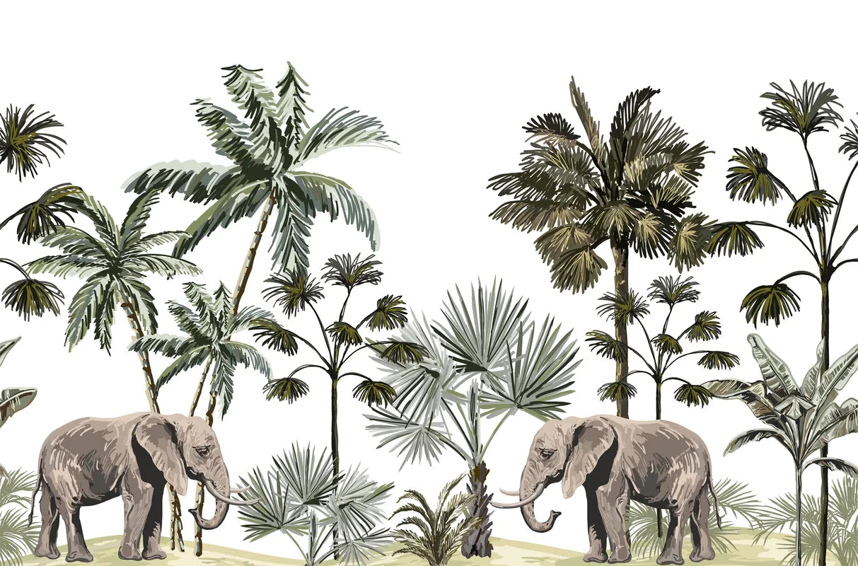 Papier peint paysage éléphant et plantes tropicales