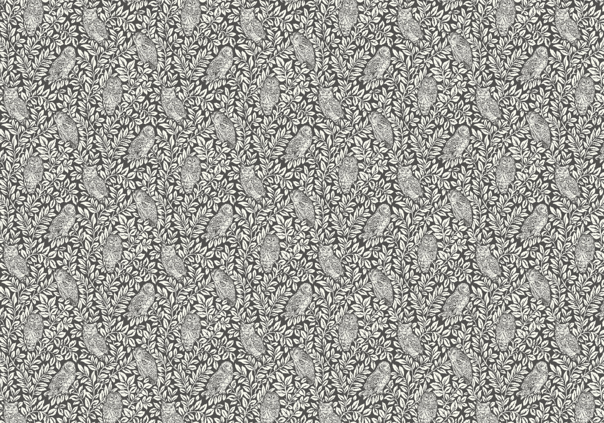 Papier‎ peint‎ feuillage‎ et‎ chouettes‎ noir‎ et‎ blanc