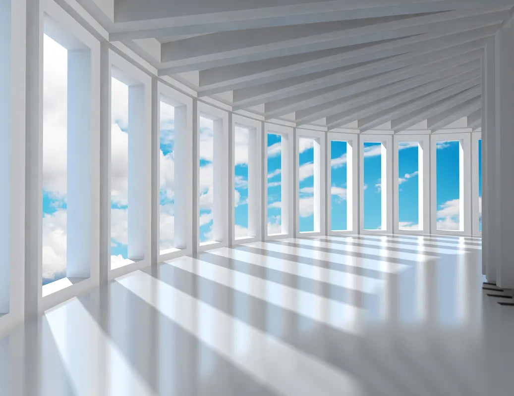 Papier peint panoramique couloir blanc et nuages