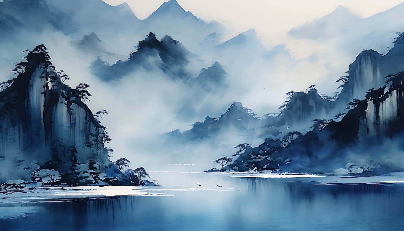 Papier peint japonais montagnes bleues sous la brume