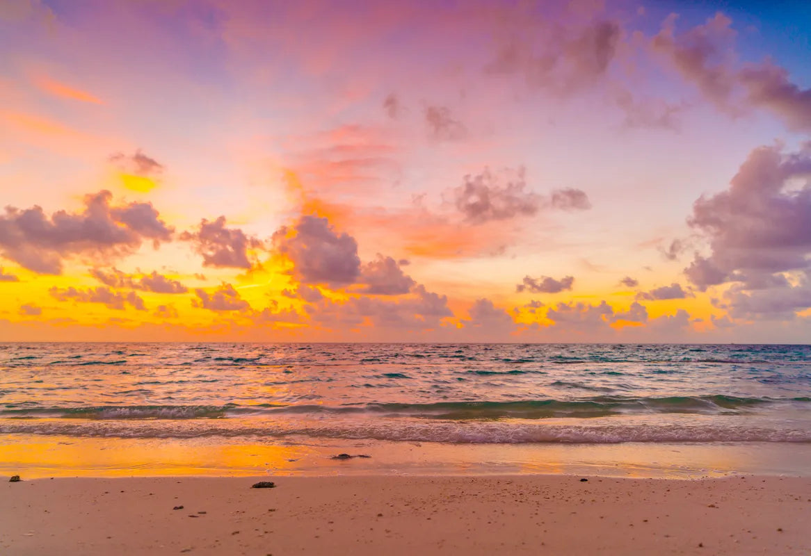 Papier peint panoramique coucher de soleil, plage et vagues
