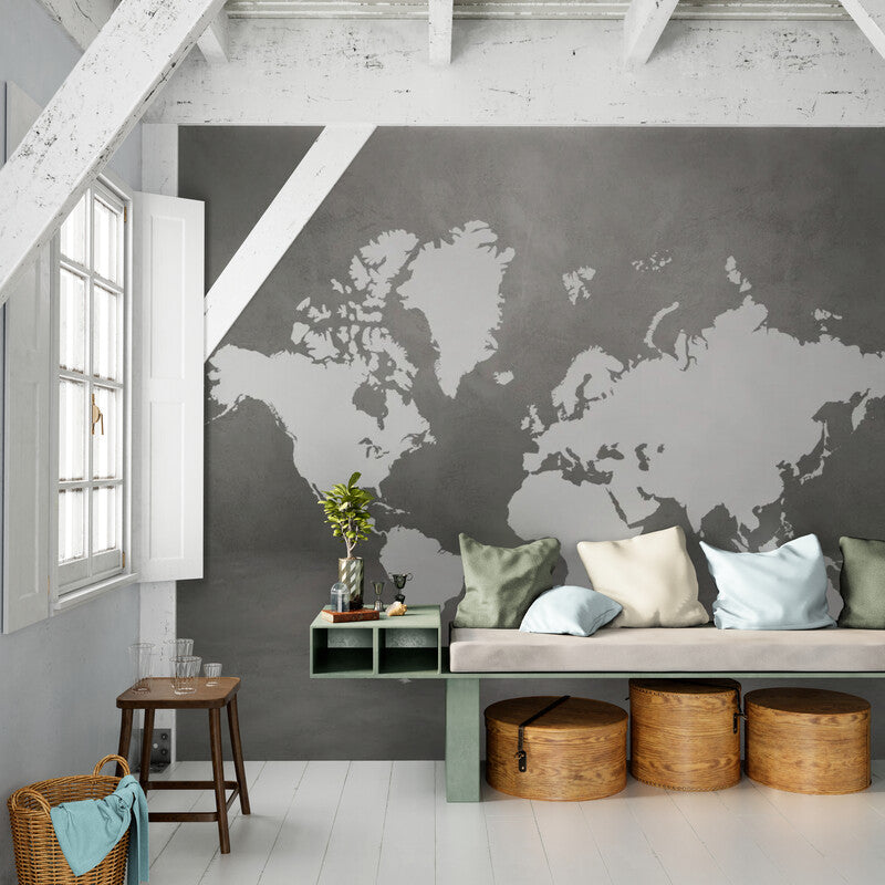Papier peint panoramique carte du monde effet ciment