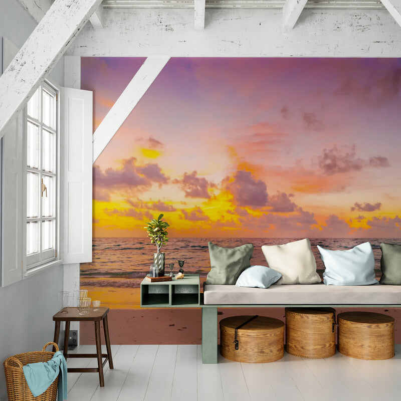 Papier peint panoramique coucher de soleil, plage et vagues
