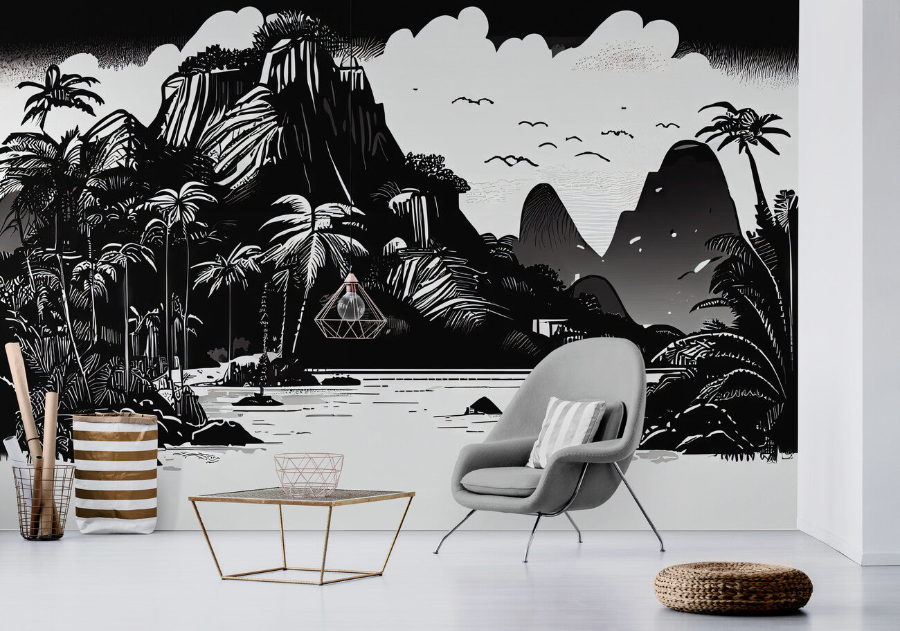 Papier peint paysage panoramique tropical noir et blanc