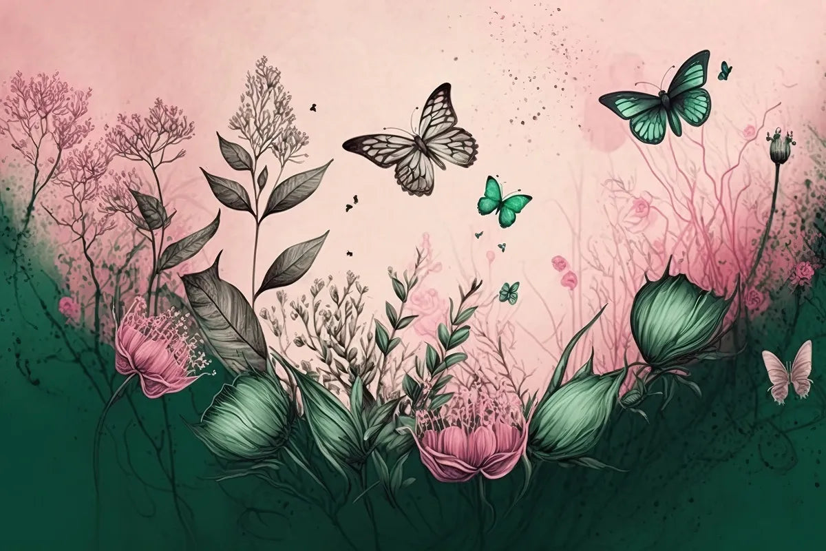 Papier peint panoramique roses et papillons