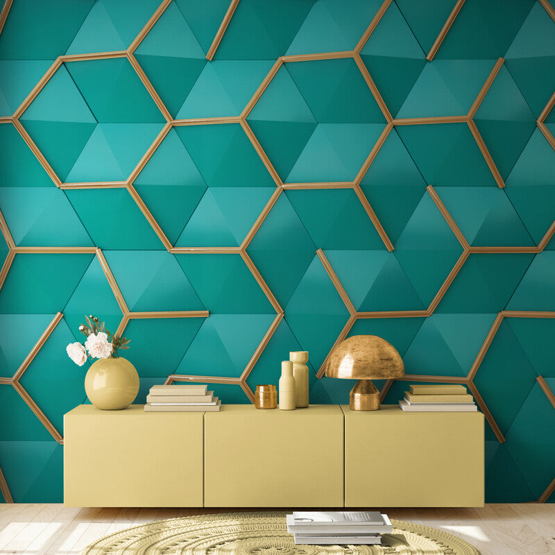 Papier peint géométrique hexagone vert et doré