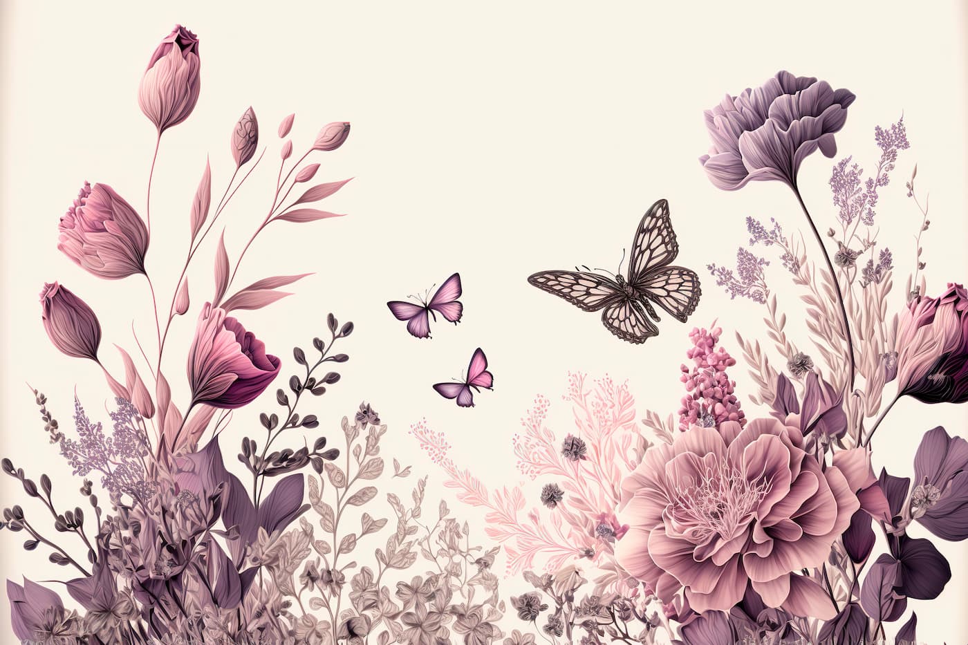 Papier peint floral et papillons