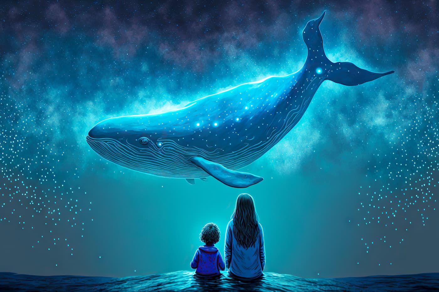 Papier peint baleine bleue et enfant