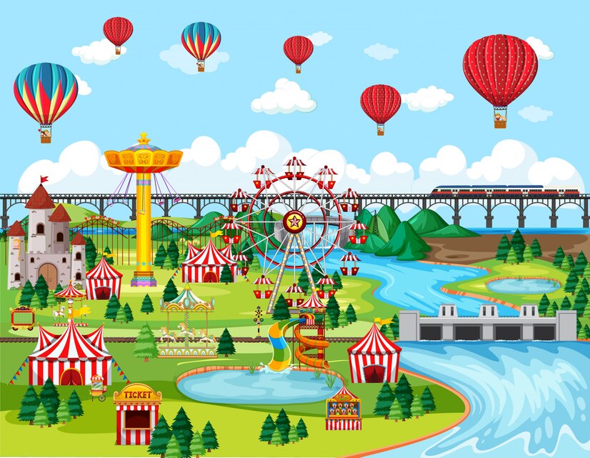 Papier peint enfant grande roue et montgolfières
