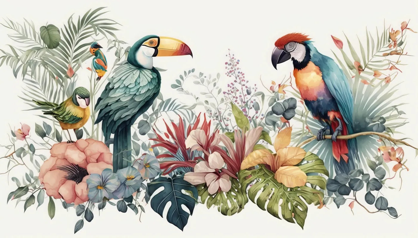 Papier peint oiseaux et plantes tropicales
