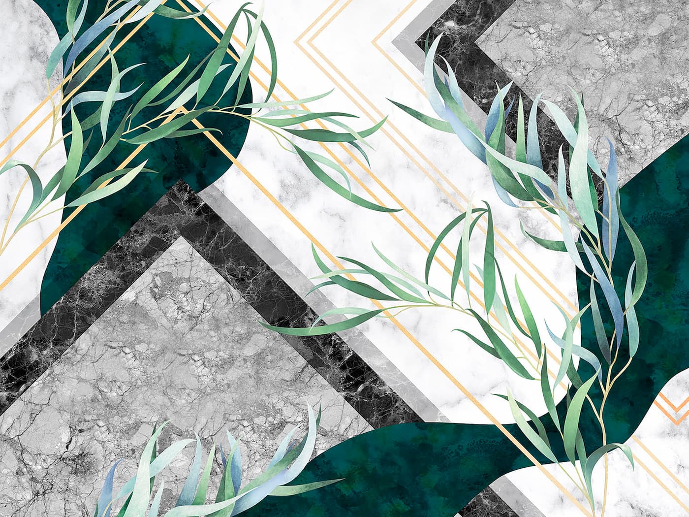 Papier peint géométrique plantes tropicales et marbre