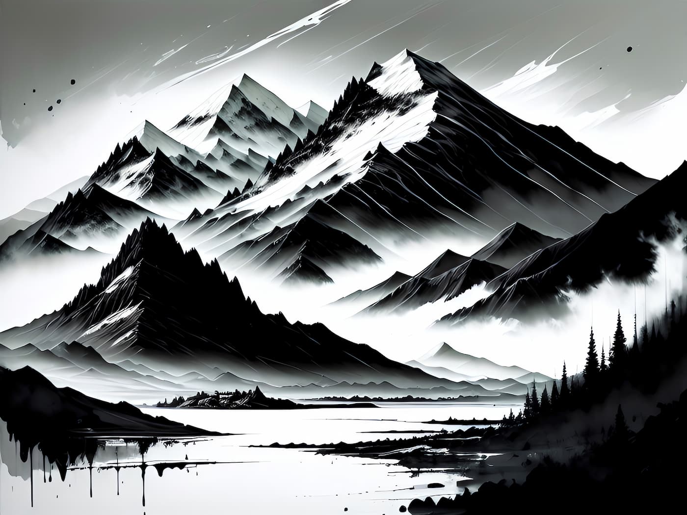Papier peint montagne et lac noir et blanc