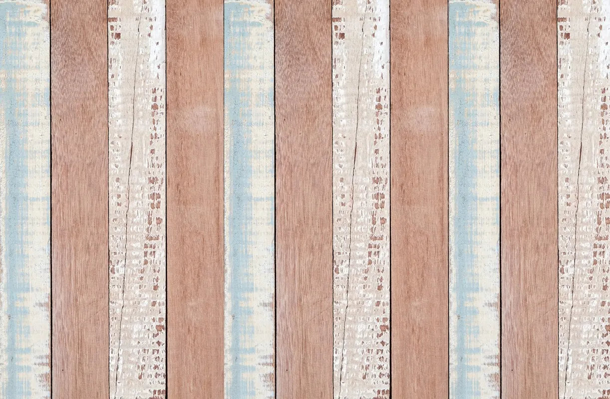 Papier peint planches de bois marron, bleu et blanc