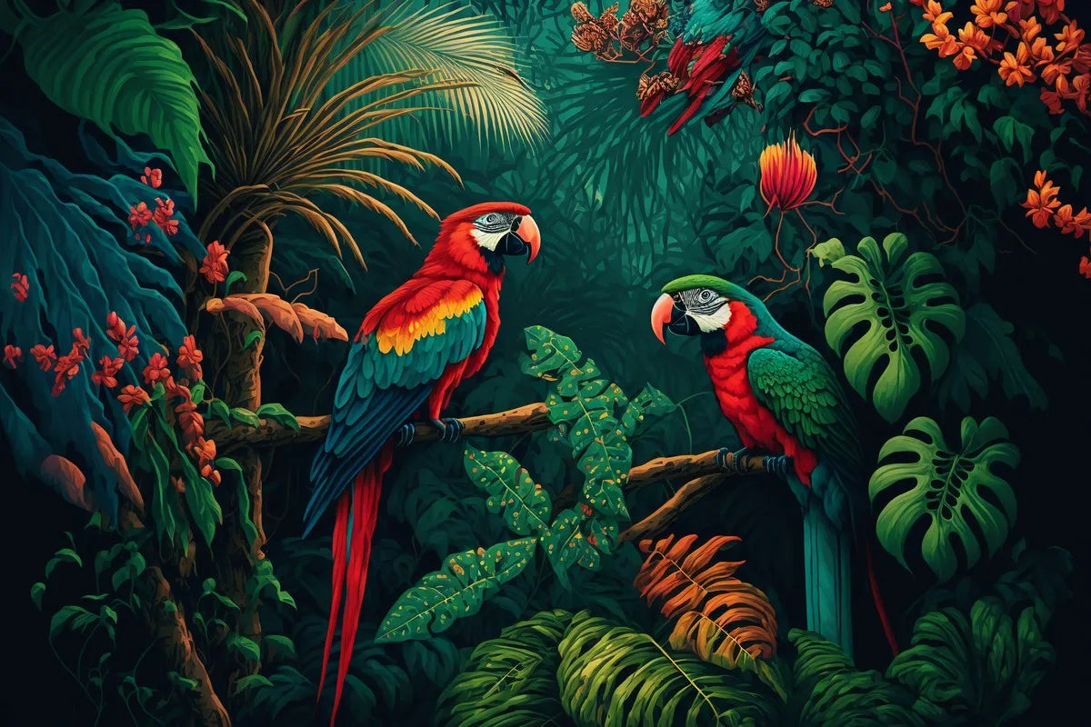 Papier peint plantes fleuries et oiseaux