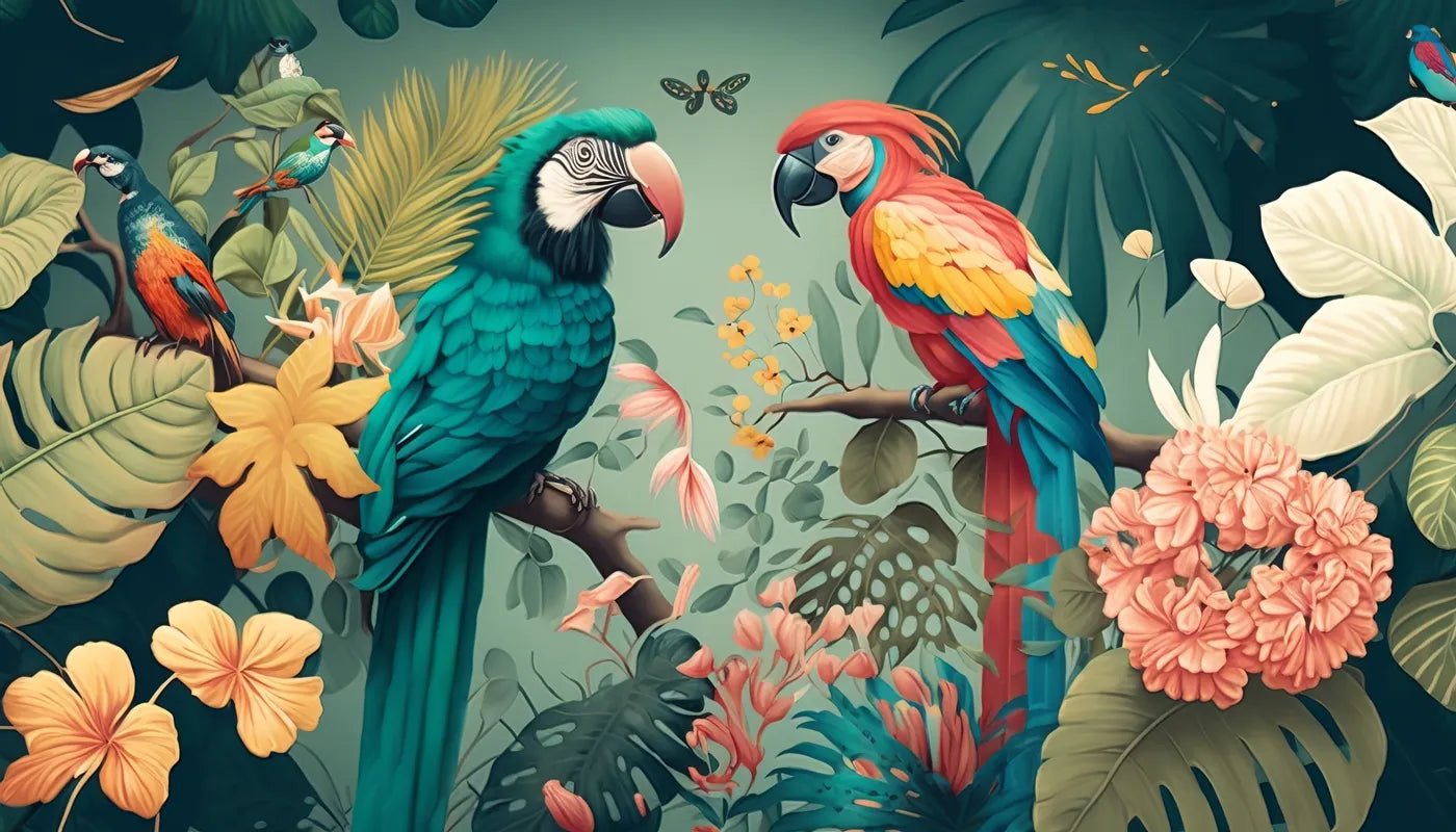 Papier peint panoramique jungle tropicale perroquets